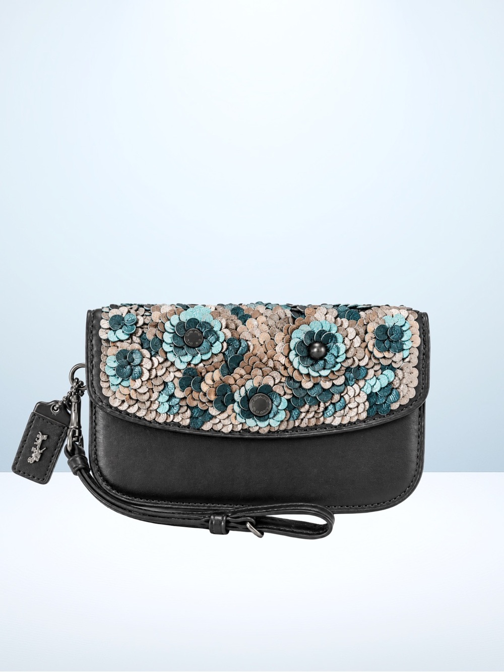 COACH 1941 Tea Rose Leather Sequin Clutch Wristlet - Black/Multi